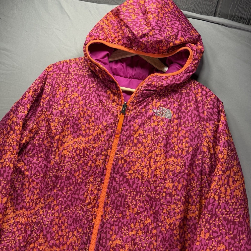 The North Face Puffer Jacket Youth Girls Large Pink Orange Reversible Hooded - Picture 2 of 12